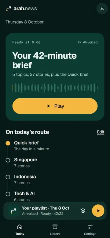 arah.news today screen: a 42-minute brief with its route of topics.